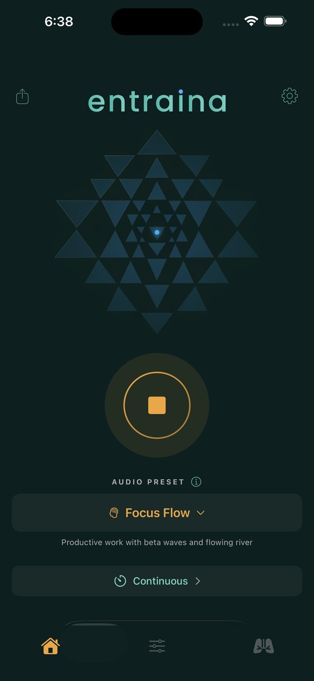 Entraina home screen showing Focus Flow preset and Sri Yantra