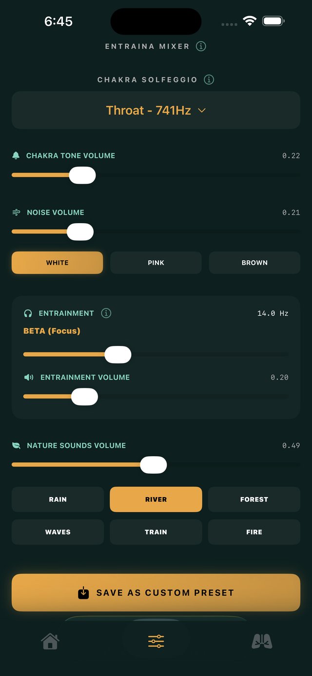 Entraina mixer — fine-tune chakra tones, entrainment, and nature sounds