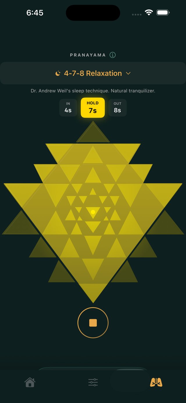 Entraina pranayama screen — breathing with the golden Sri Yantra